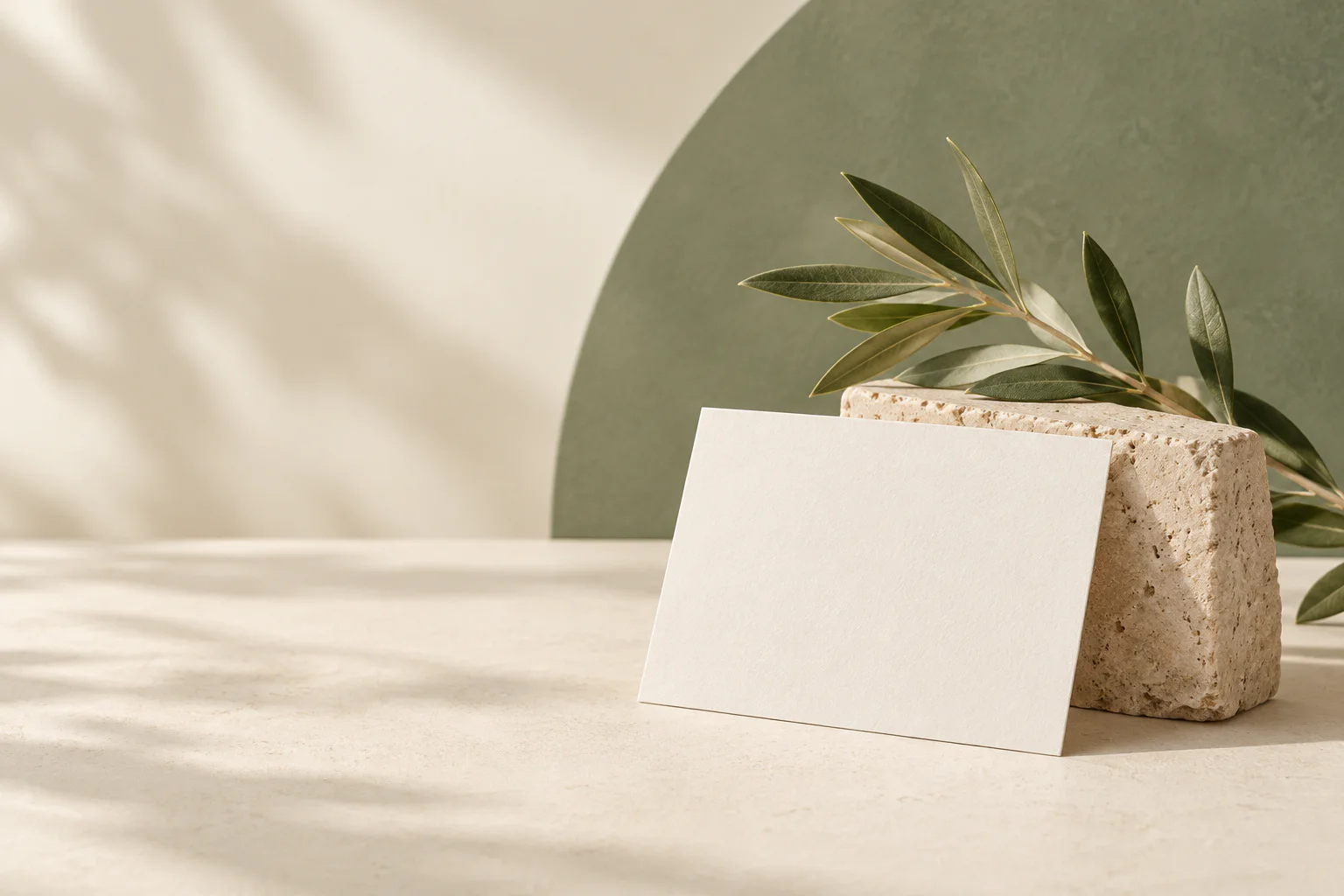 Blank warm-white paper card with natural stone and an olive branch in soft daylight.