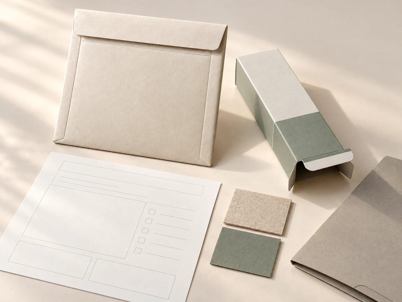 Paper mailer and folding carton samples beside blank approval sheets, material swatches and a project folder.