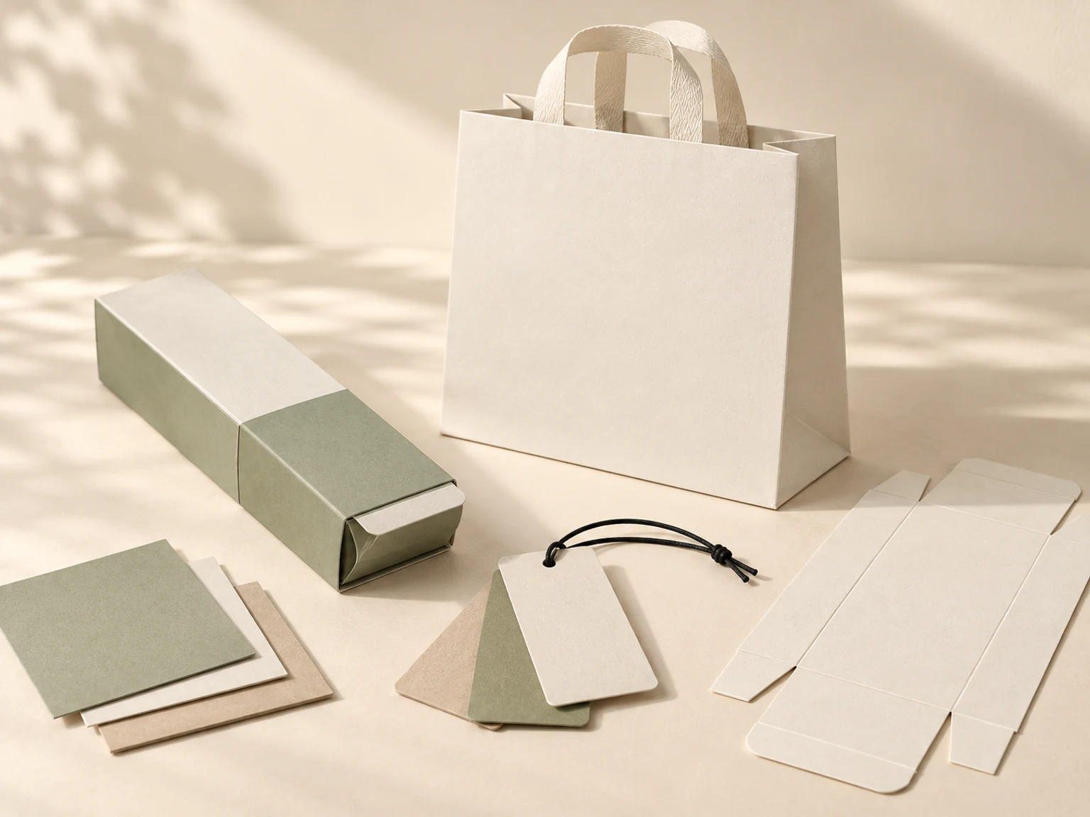 Shopping paper bag, folding carton and paper hang tags arranged with material swatches and blank dieline sheets.