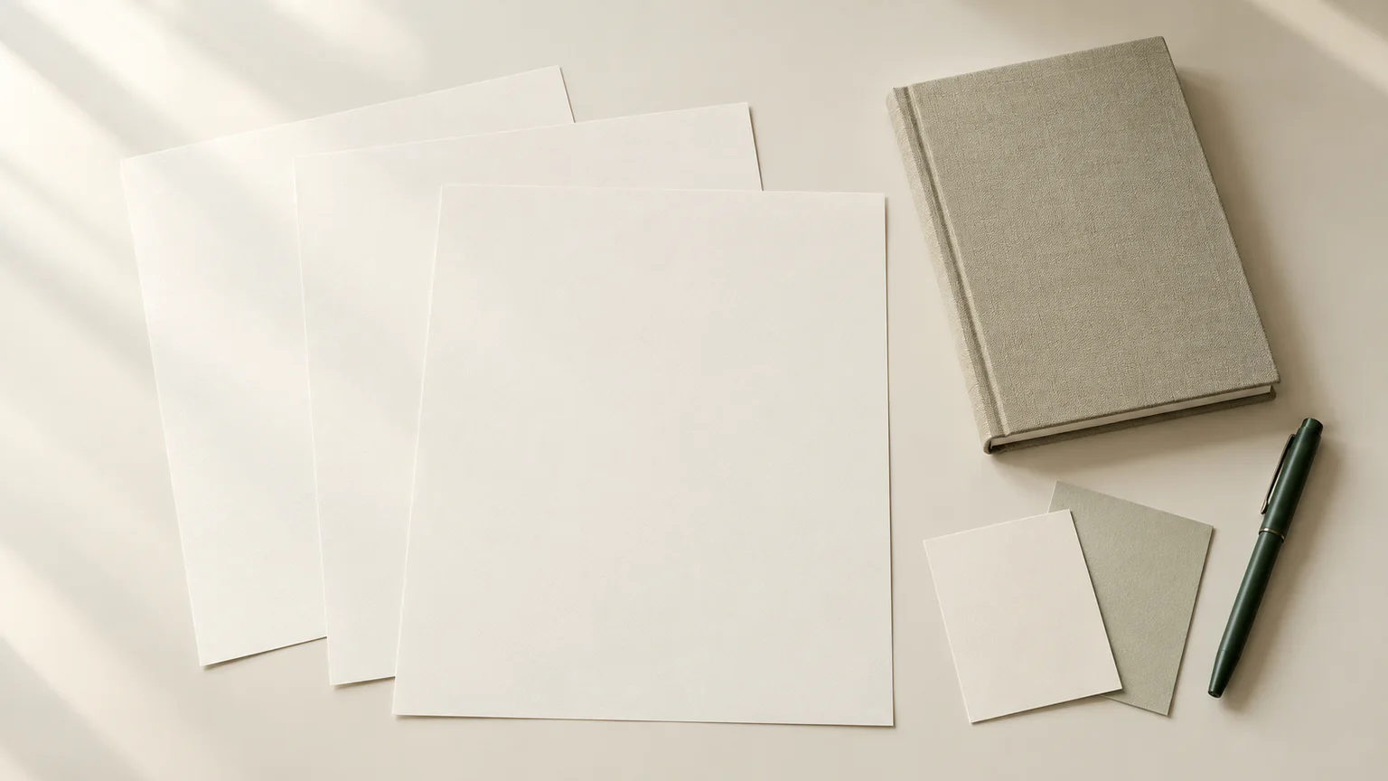 Blank packaging brief pages beside a green pen and notebook.