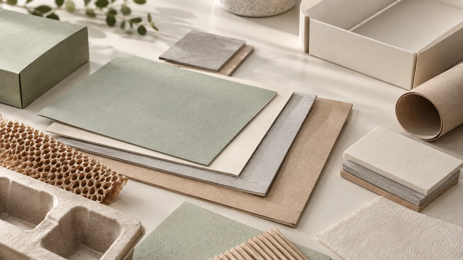 Layered packaging material boards and paper samples in neutral green and ivory tones.