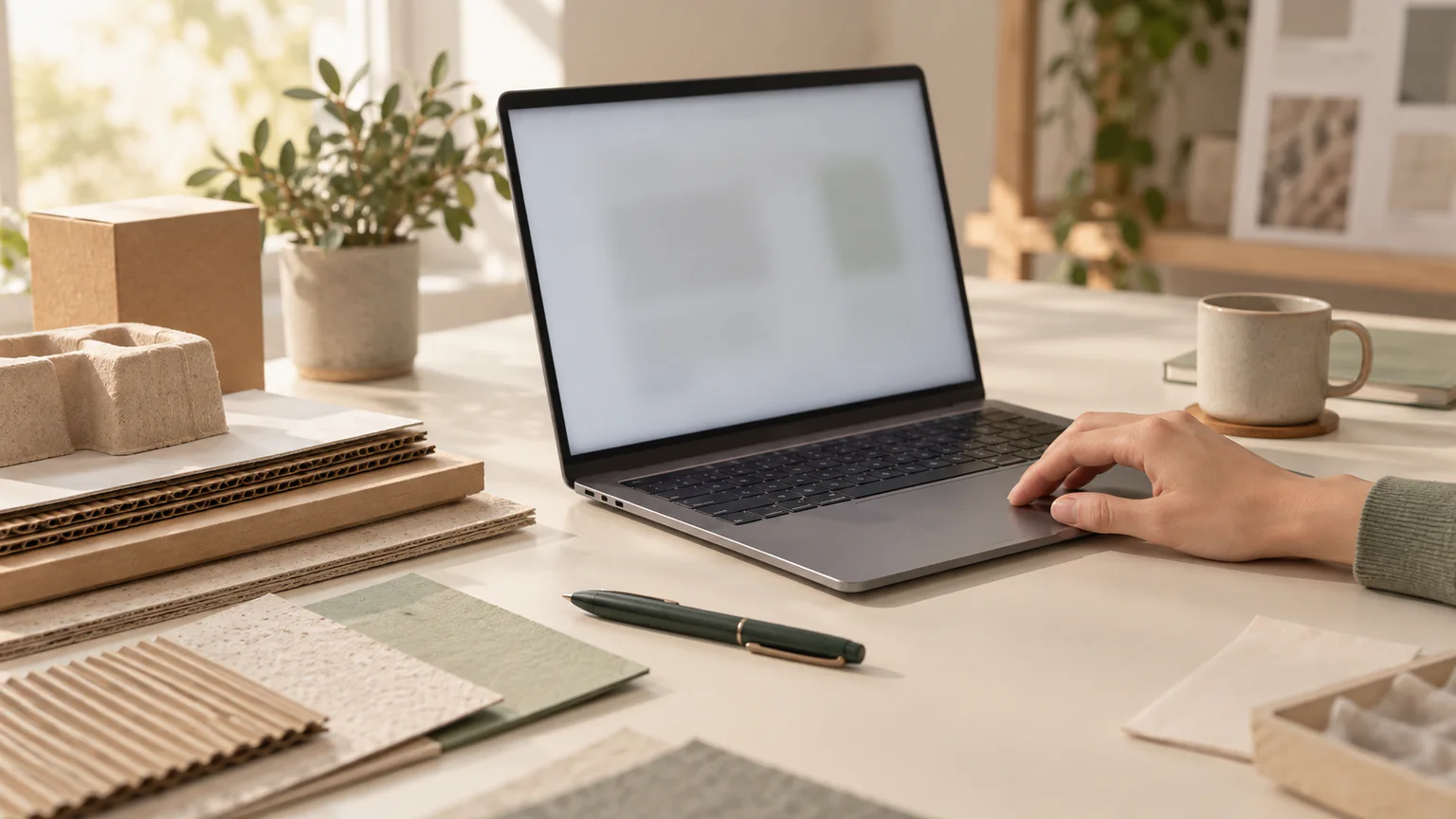 A person preparing supplier questions beside an open laptop and material samples.