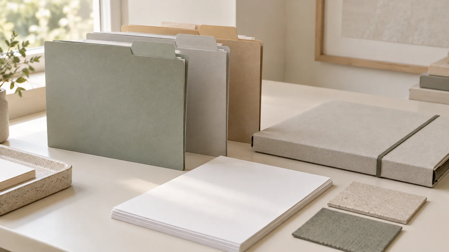 Organised blank folders, sample sheets and packaging records on a worktable.