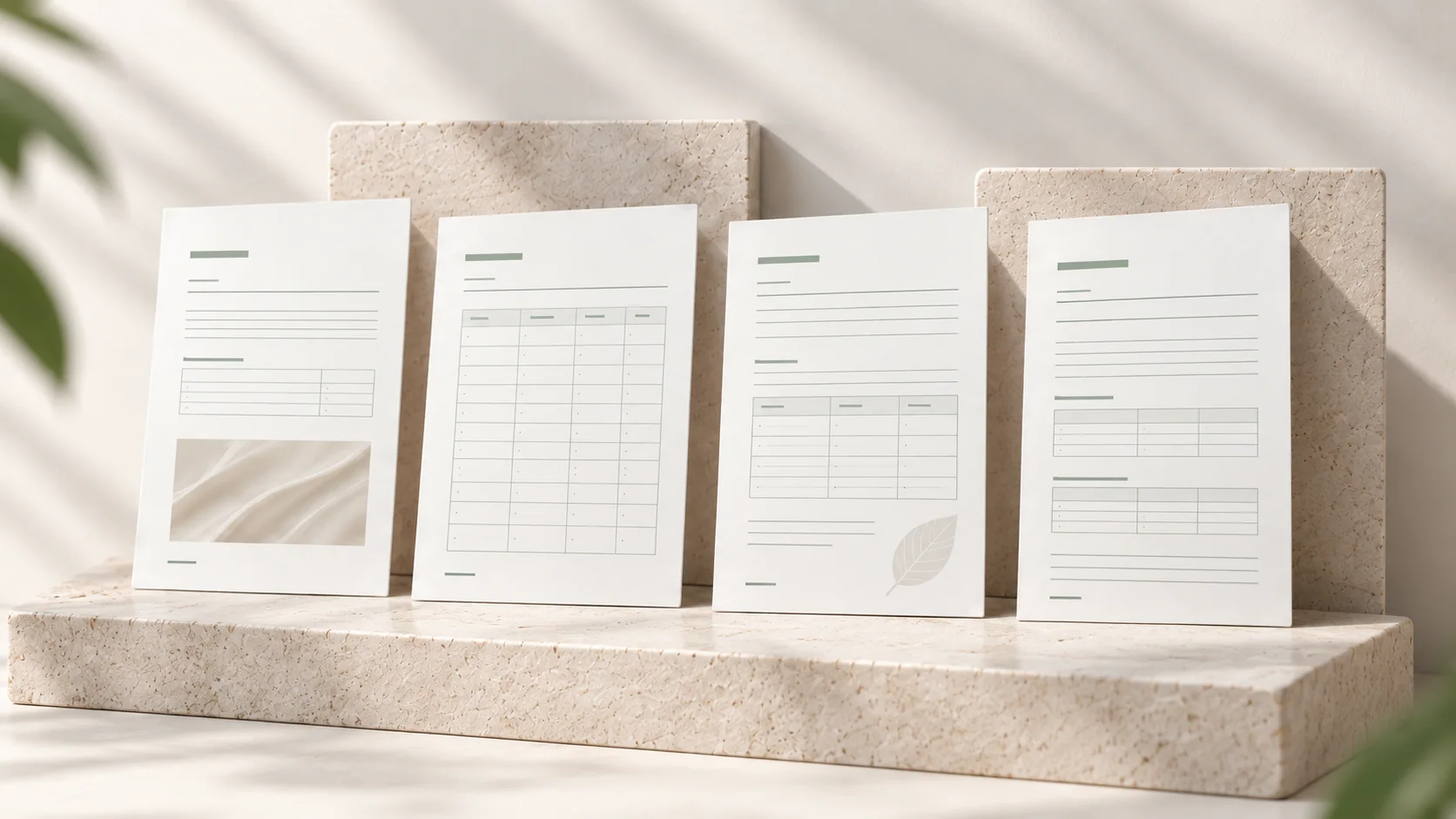 Four illustrative documentation forms displayed on a warm ivory limestone stage.
