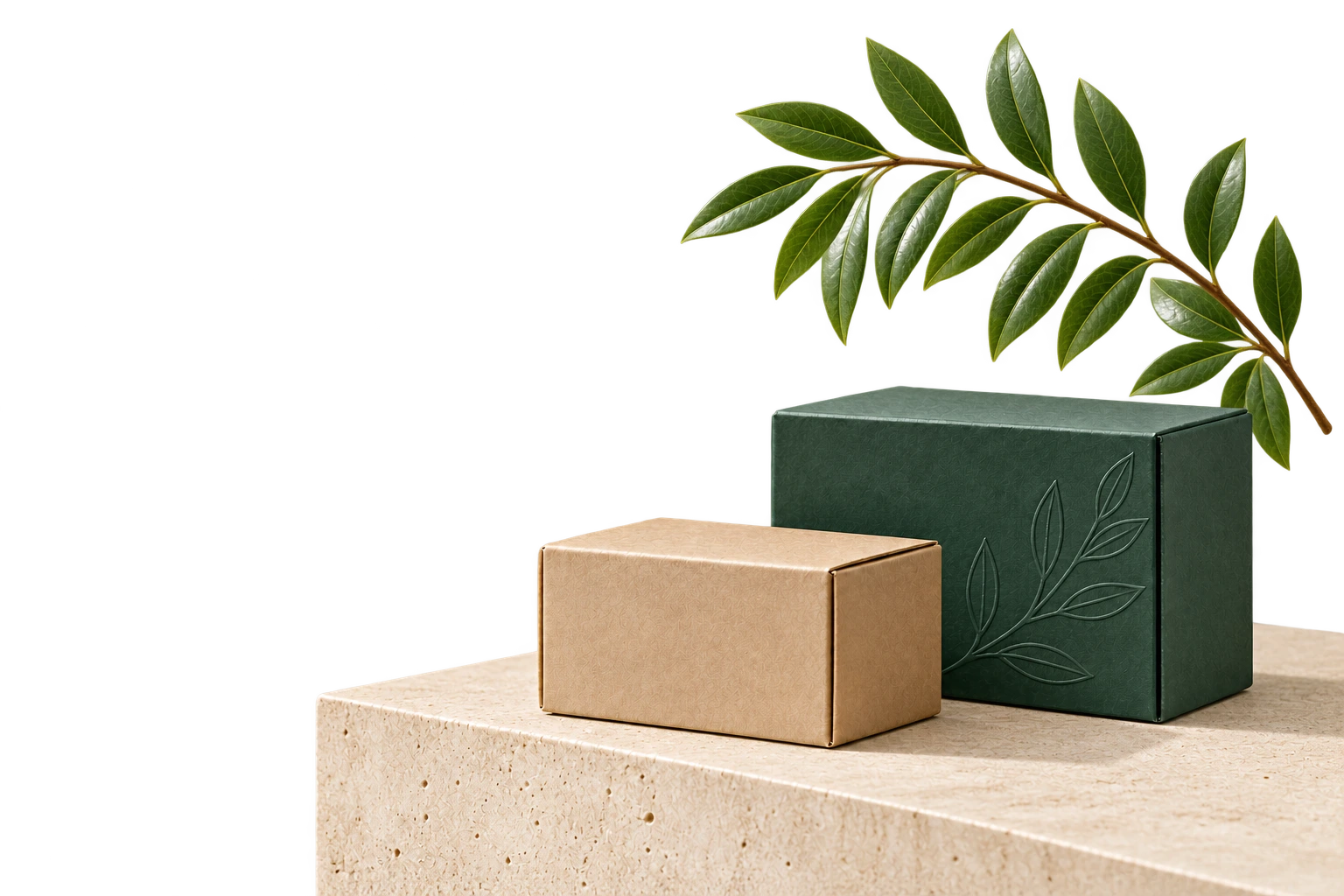 Natural kraft and dark forest green paperboard boxes displayed on a pale limestone plinth.