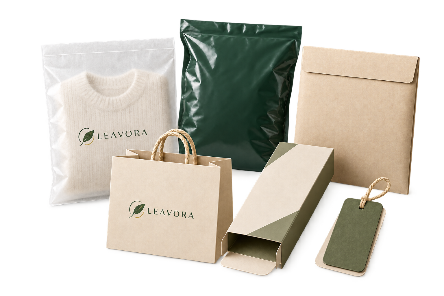 Editorial Leavora packaging composition showing a translucent glassine garment bag, poly mailer, paper mailer, shopping paper bag, folding carton and paper hang tag.