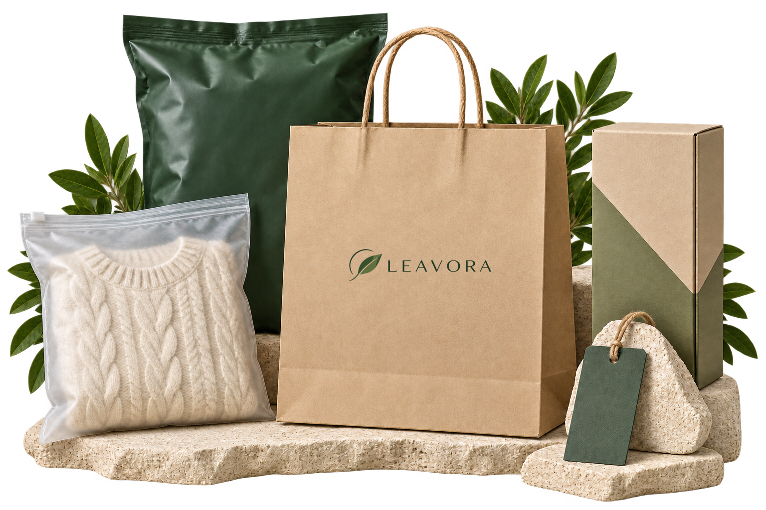 Leavora packaging still life with a garment bag, paper shopping bag, green mailer, folding carton and hang tag.