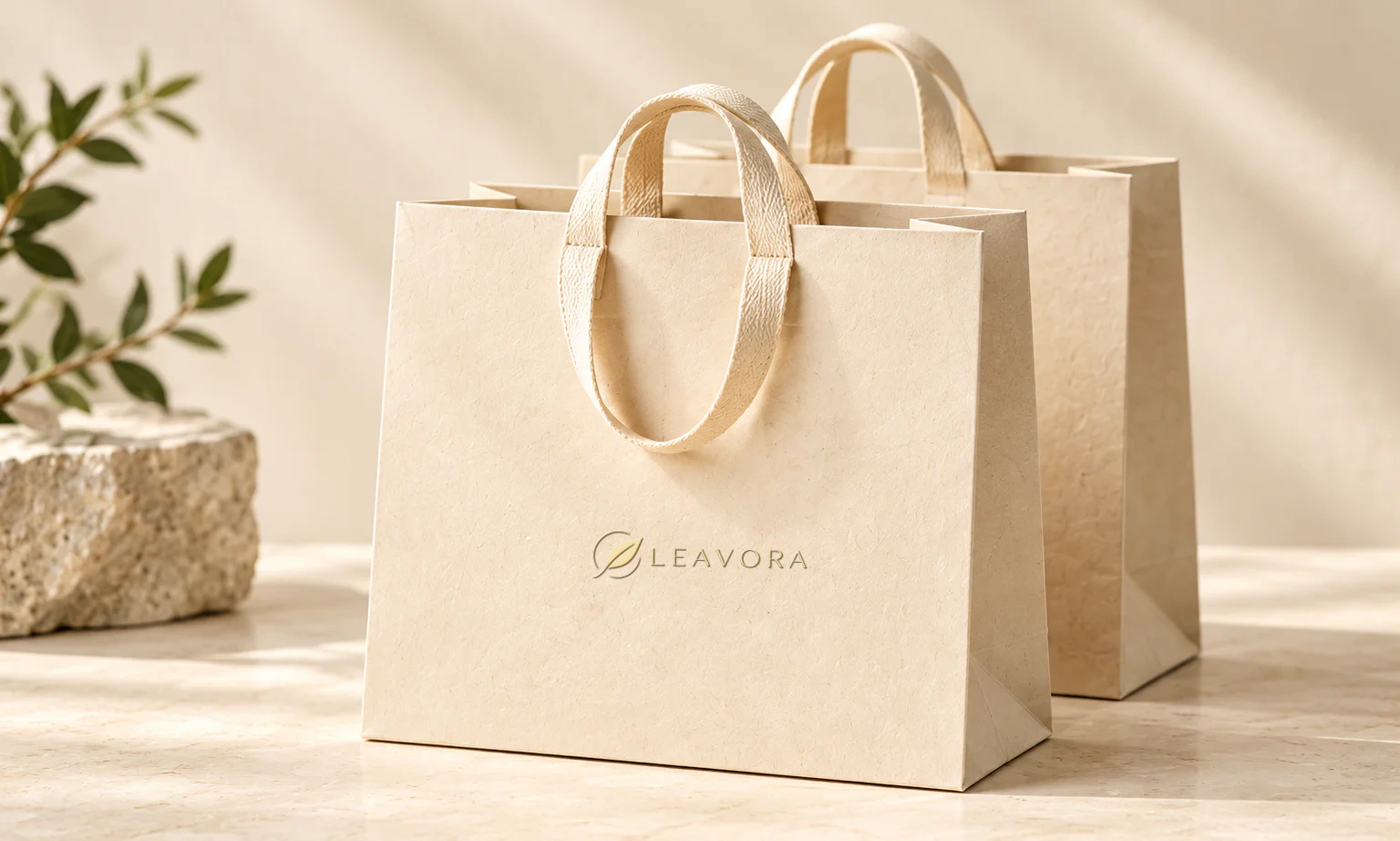 Two cream kraft paper shopping bags photographed in a warm studio setting.