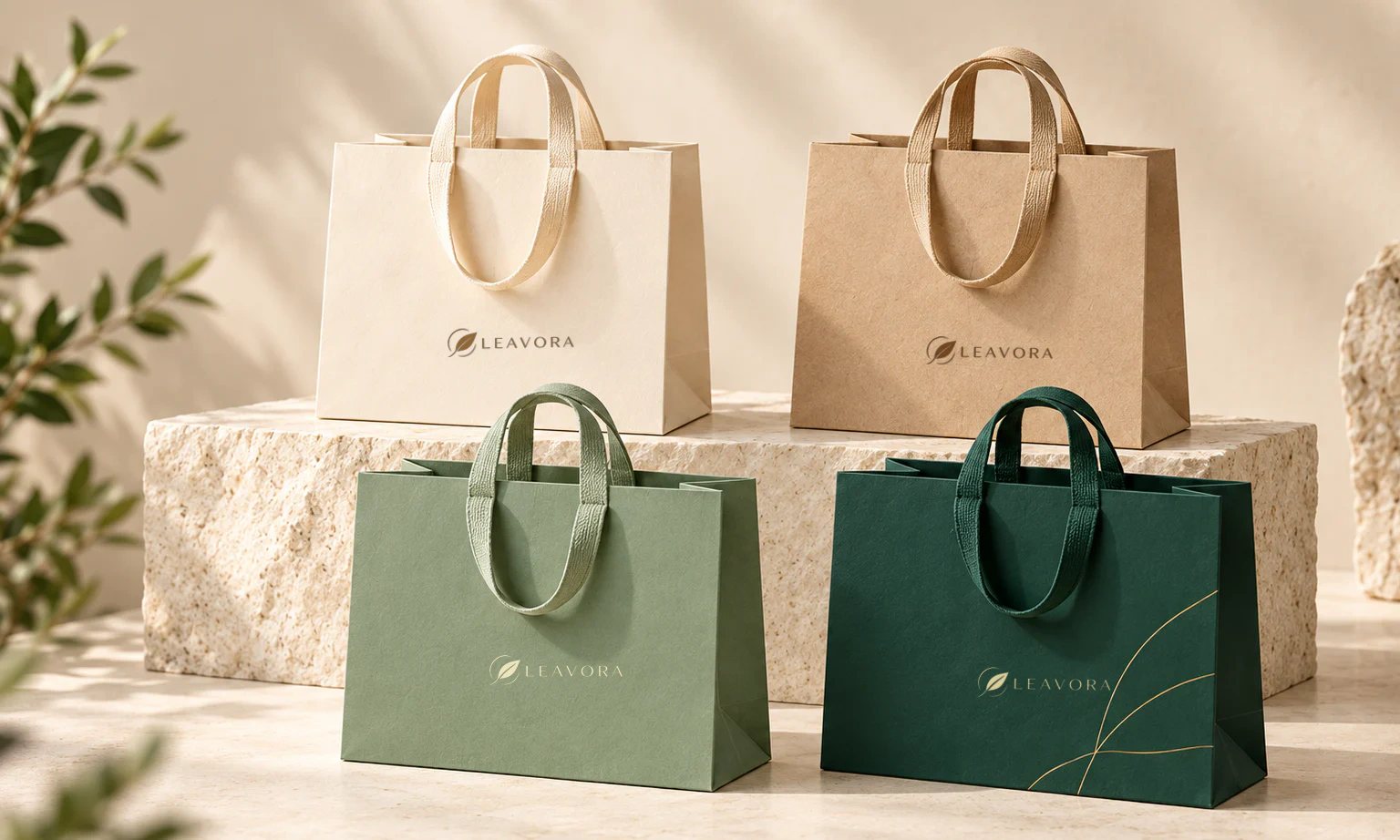 Four paper shopping bags in ivory, kraft brown, sage green and forest green.