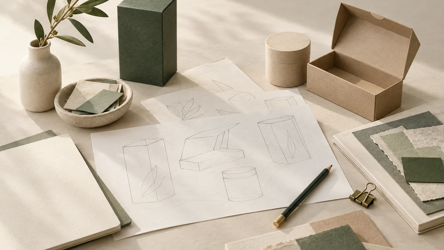 Packaging sketches, blank brief papers and material notes arranged on a warm ivory worktable.