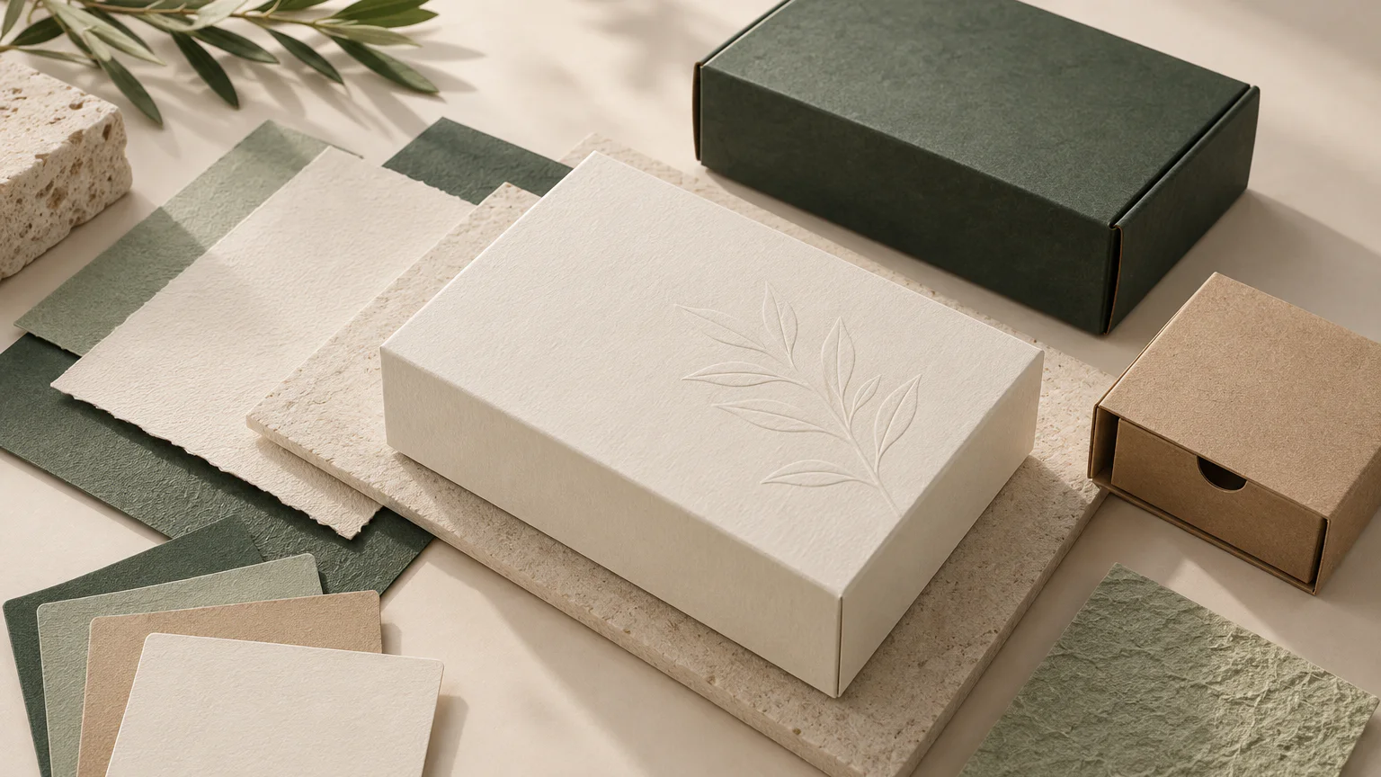 Cream, kraft and forest green packaging boards and material samples arranged for direction exploration.