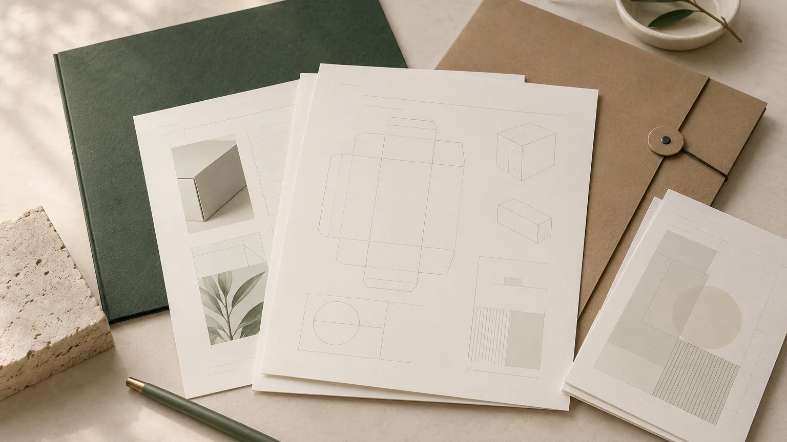 Blank packaging specification sheets and folders arranged as a production documentation set.