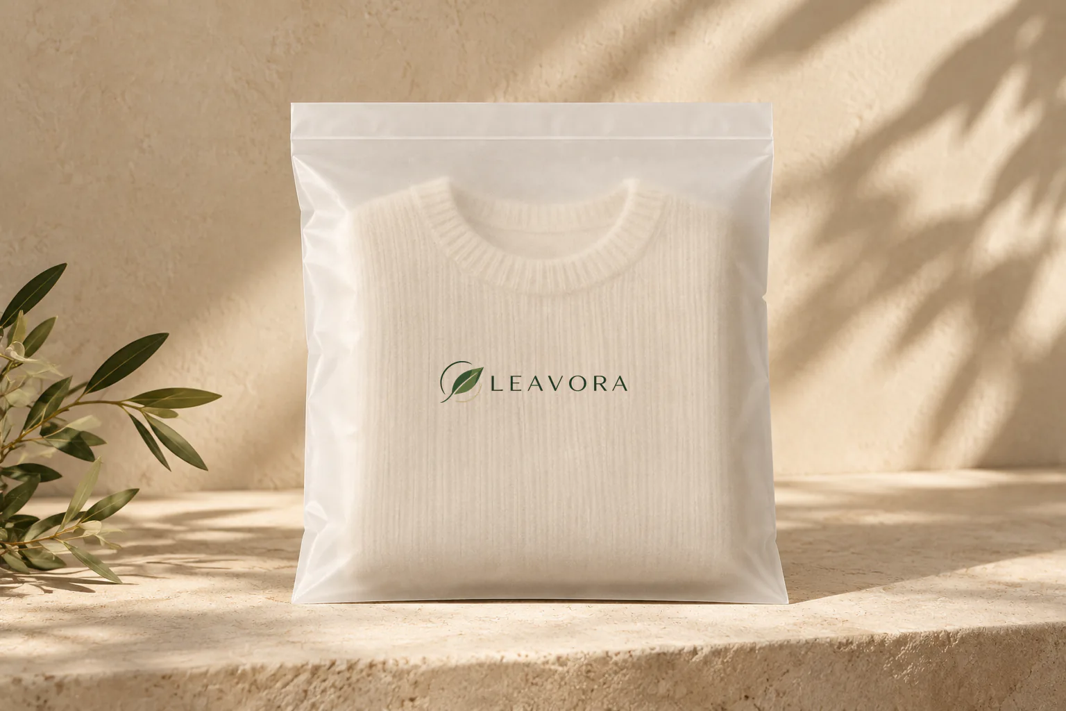 Translucent glassine garment bag holding an ivory knit garment in a warm studio setting.