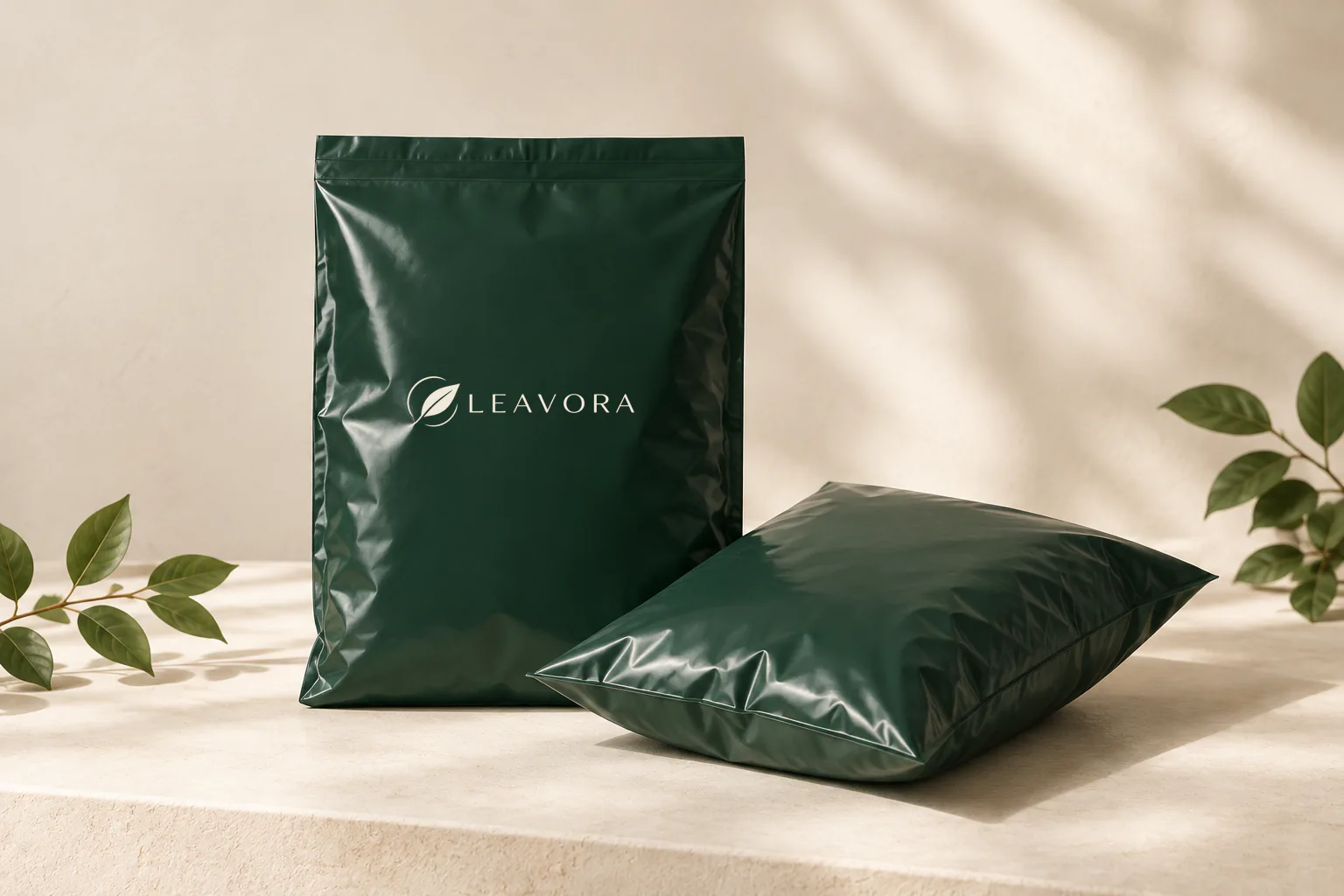 Two forest green poly mailers arranged in a warm ivory studio setting.