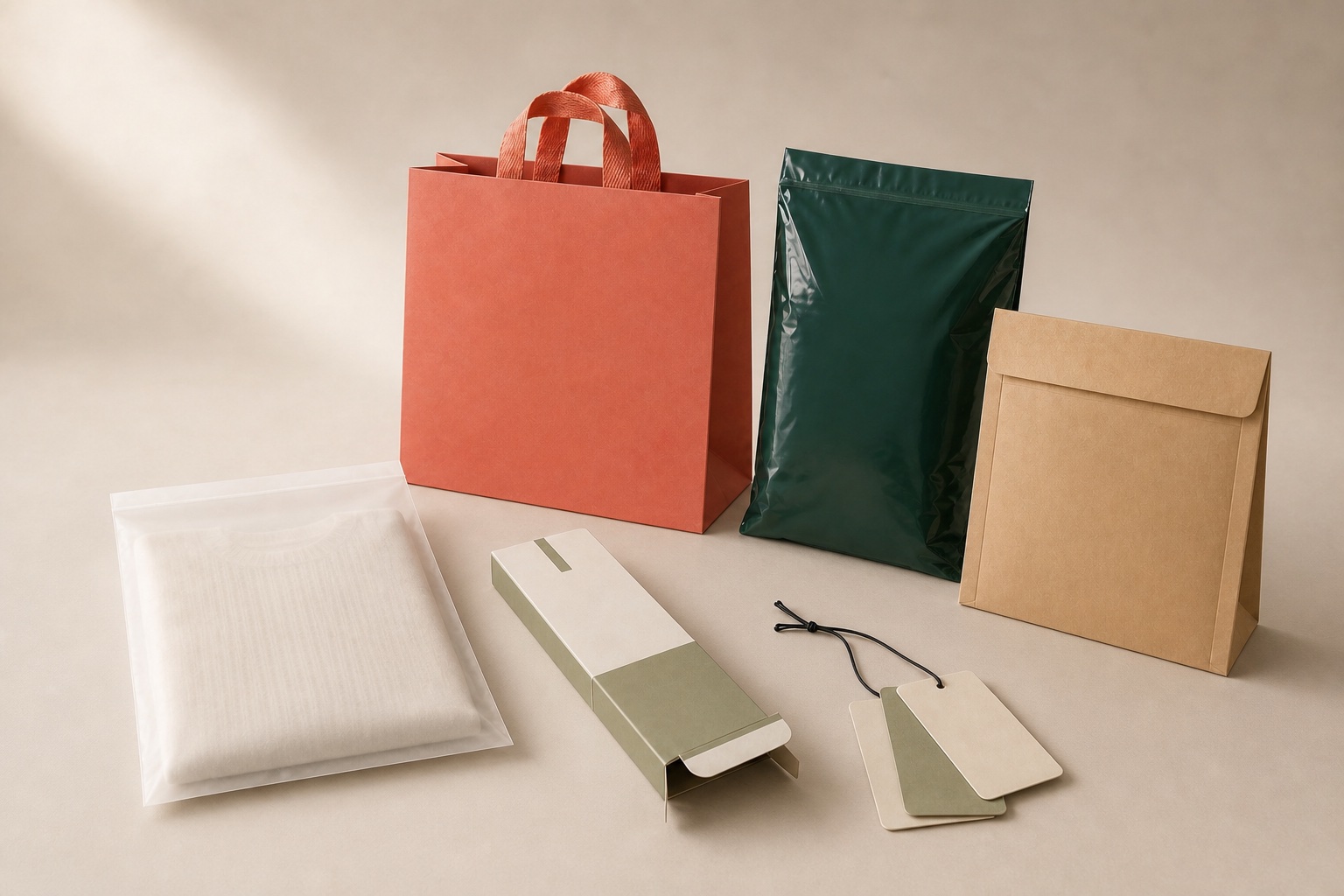 Fashion packaging formats arranged with garment and retail references.
