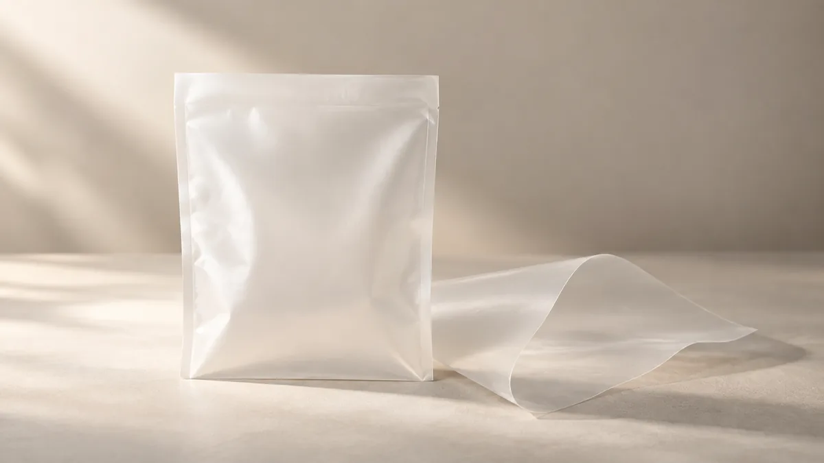 Illustrative pouch and film swatch for discussing a simpler mono-material direction.