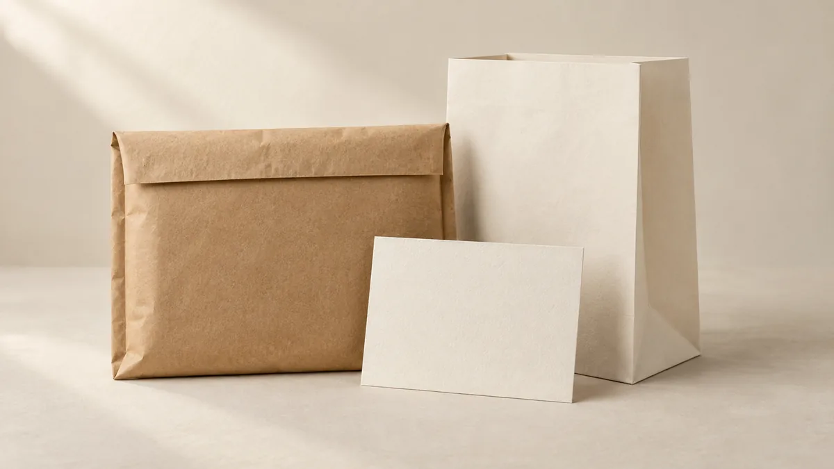 Illustrative paper mailer, shopping bag and card for discussing paper-based packaging options.