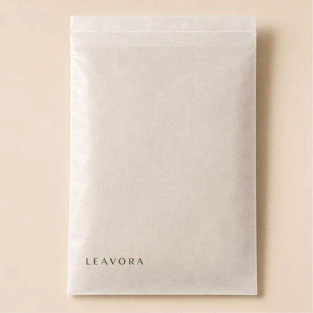 Natural translucent glassine garment bag with restrained corner branding.