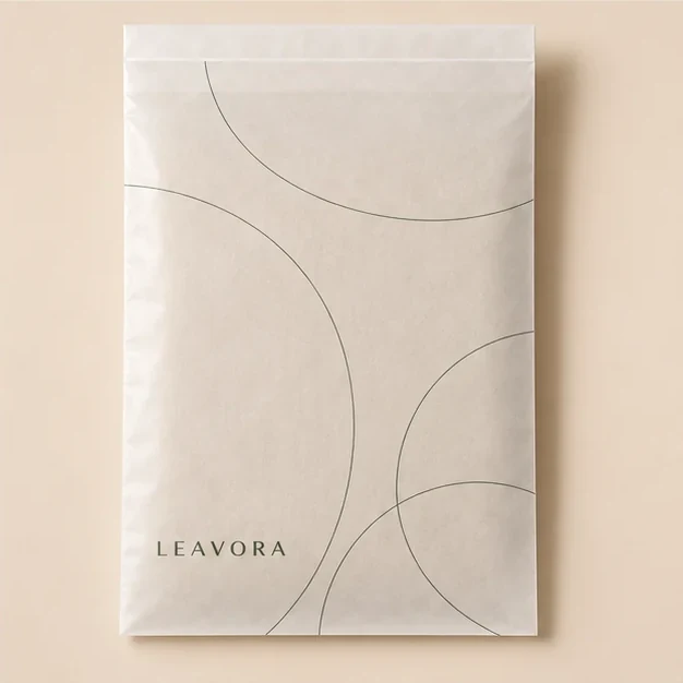 Natural translucent glassine garment bag with a restrained curved print direction.