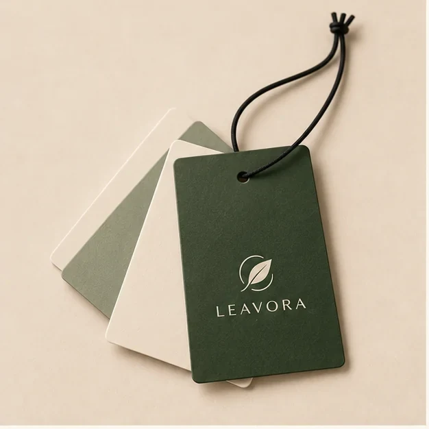 Paper hang tag concept with a restrained embossed brand detail.