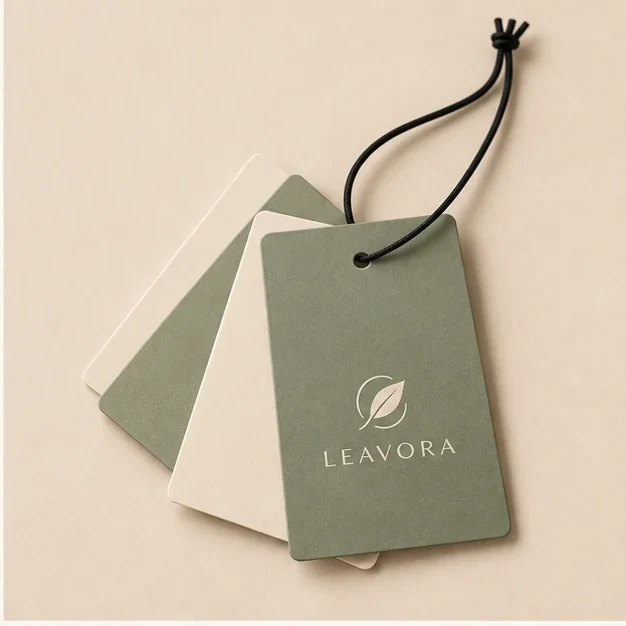 Paper hang tag concept using textured recycled-paper stock.