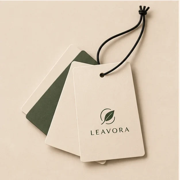 Paper hang tag concept with a clean custom die-cut shape.