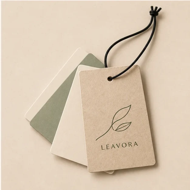 Layered paper hang tag concepts showing special paper directions.