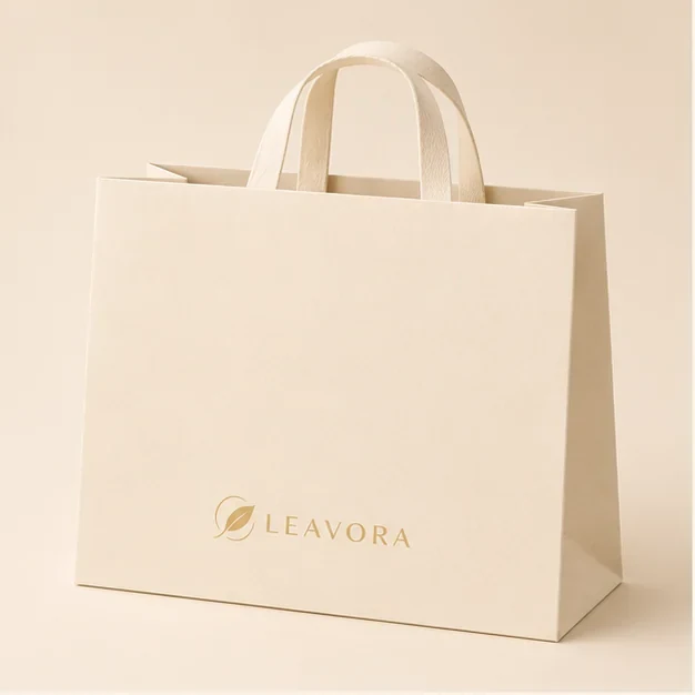 Shopping paper bag concept in a controlled muted brand color.