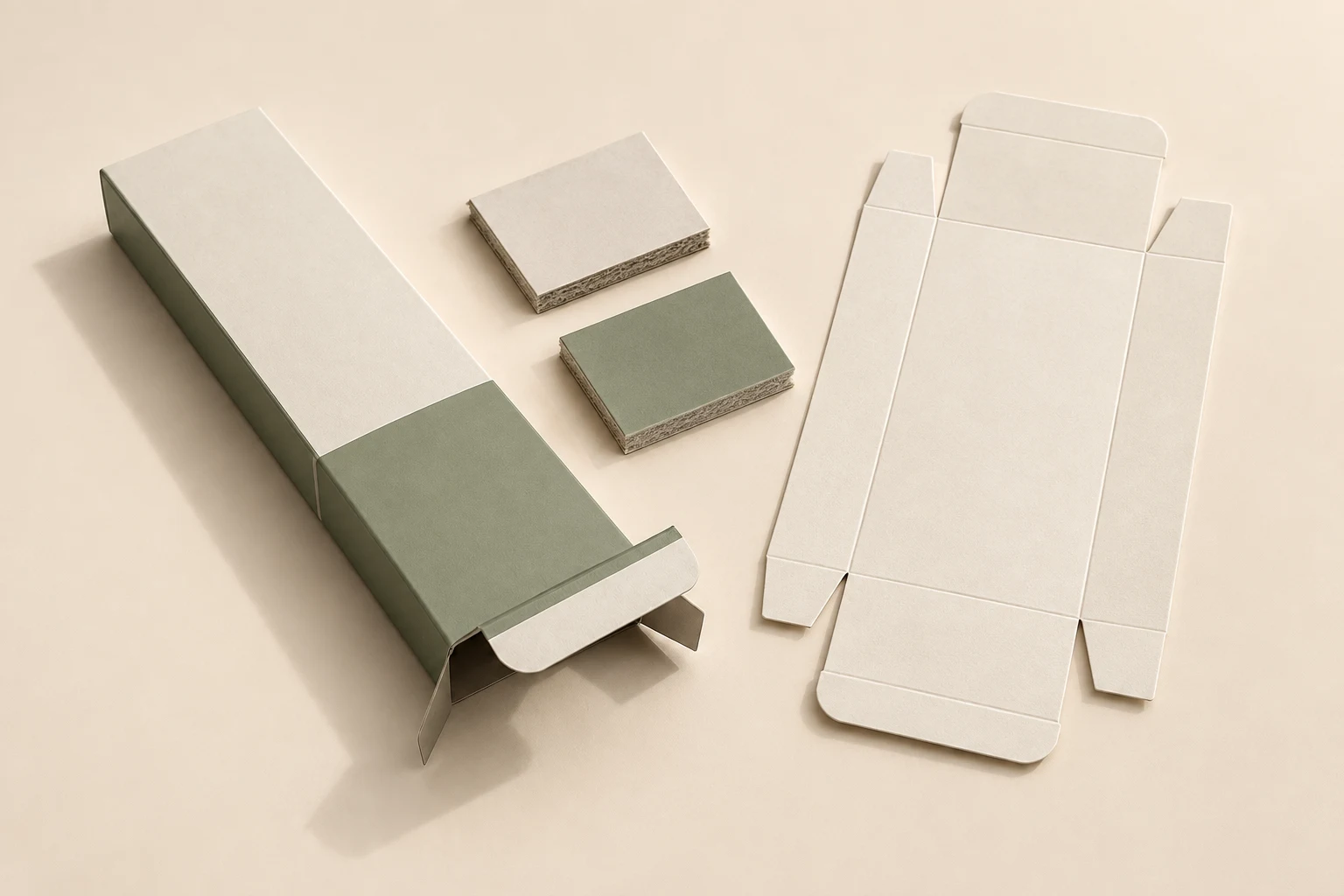 Folding carton with paperboard samples and a blank structural sheet.
