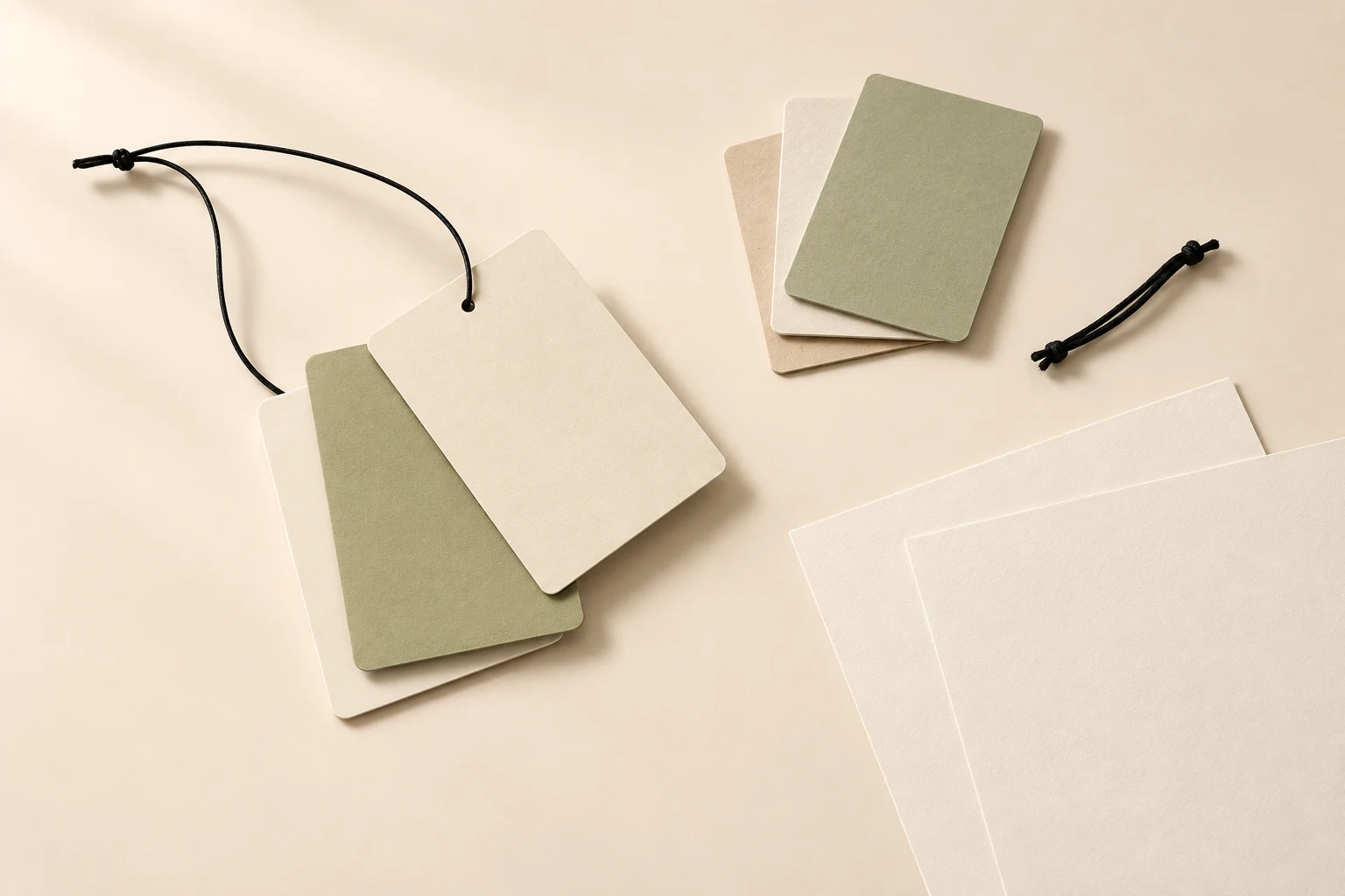 Paper hang tags with card and string samples and blank technical sheets.