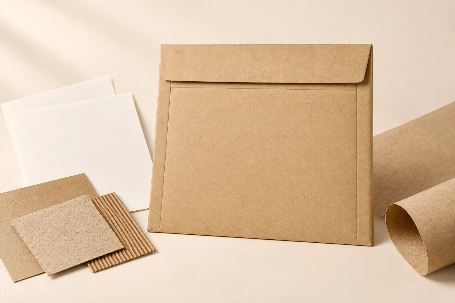 Paper mailer with paper material samples and blank technical sheets.
