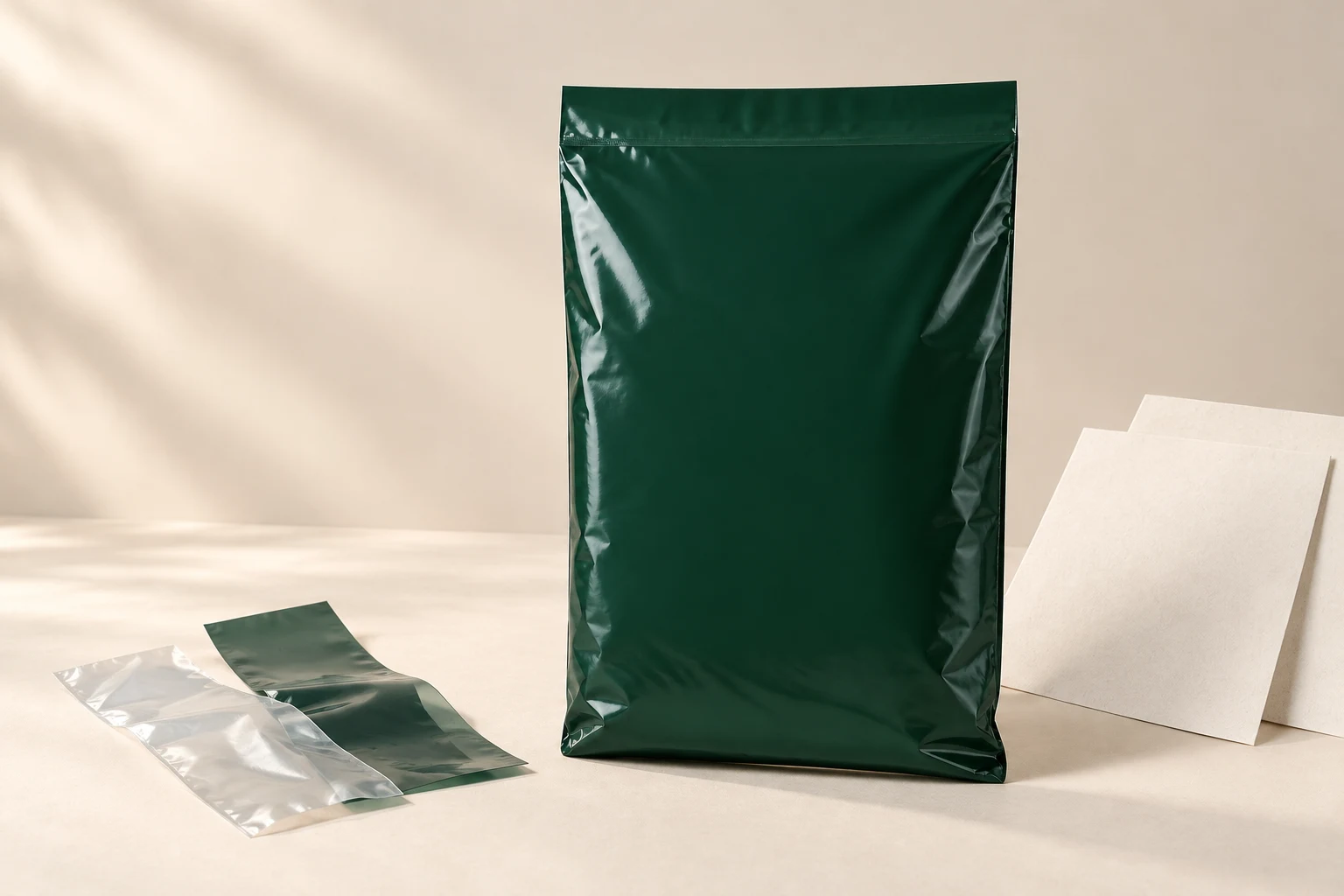 Recycled poly mailer with film samples and blank technical sheets.