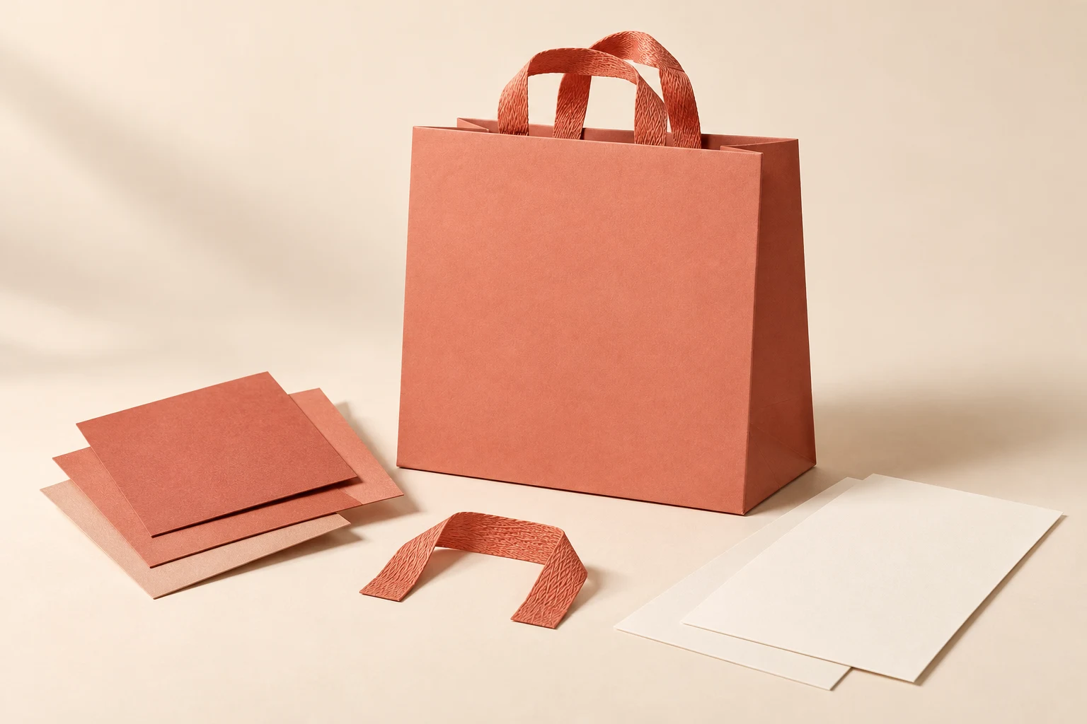 Shopping paper bag with paper and handle samples and blank technical sheets.