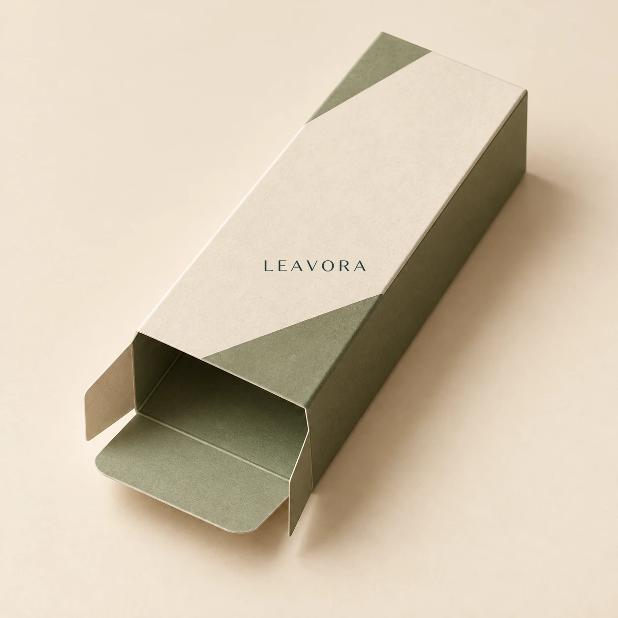 Close-up concept of a folding carton with minimal LEAVORA print coverage.