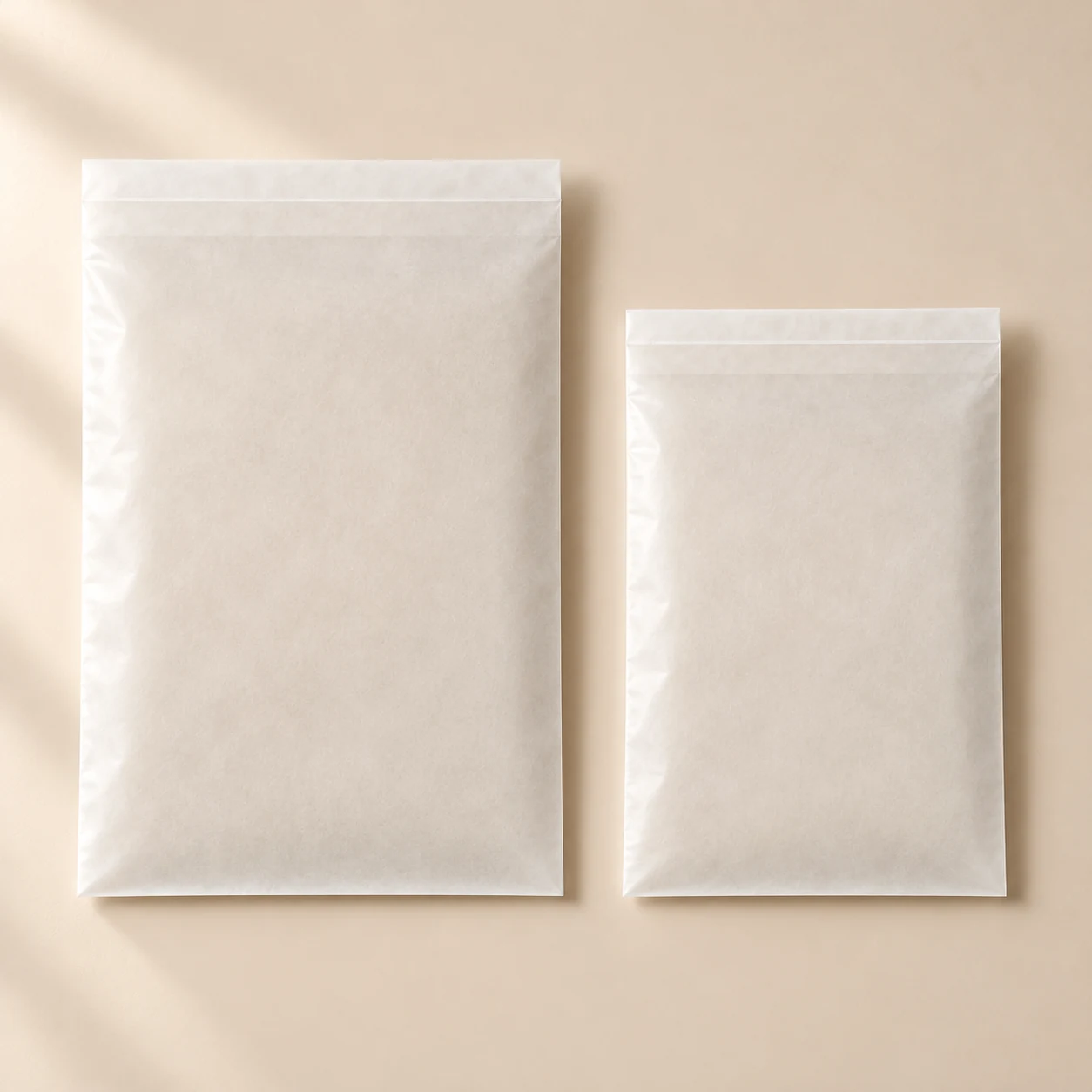 Two glassine bag concepts in different sizes for comparing dimensions.
