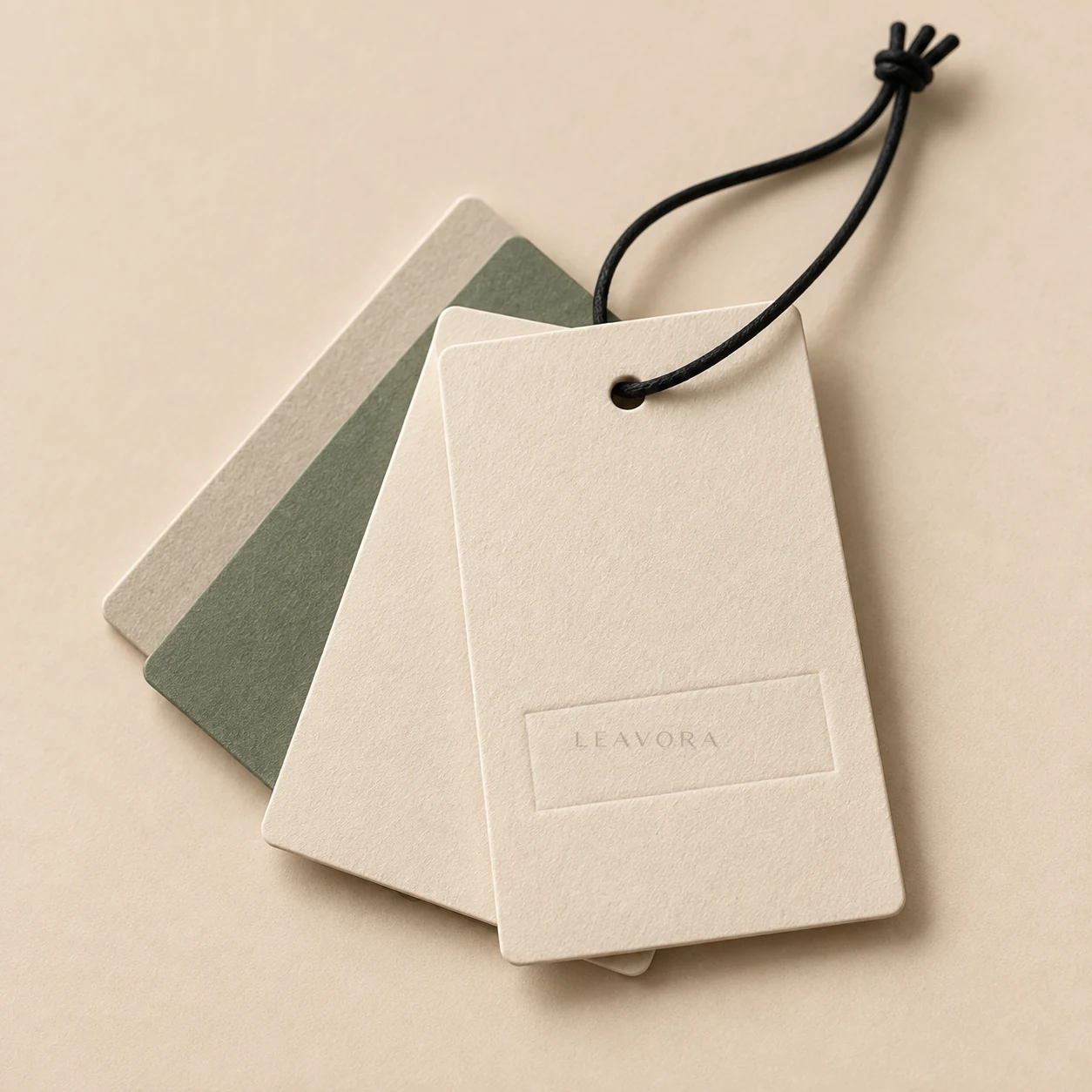 Close-up concept of an embossed LEAVORA mark on a paper hang tag.