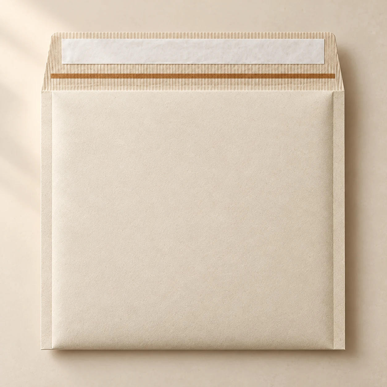 Close-up concept of a paper mailer made with warm white premium paper.