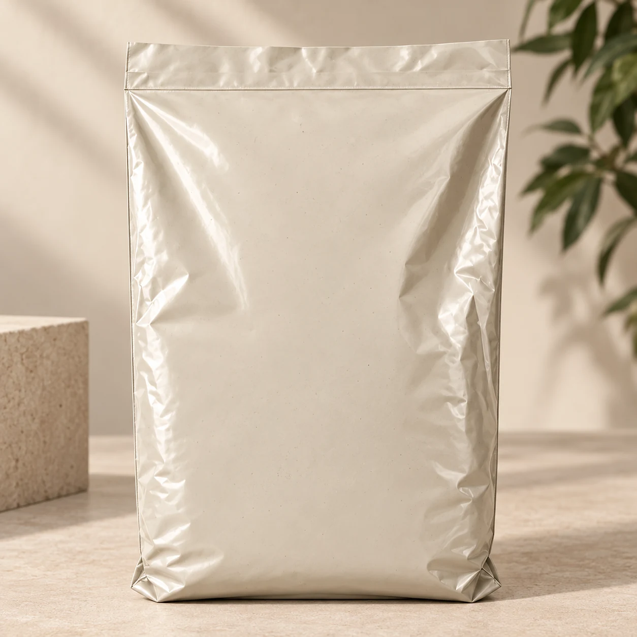 Close-up concept of a flexible LDPE mailer with a subtle material variation.