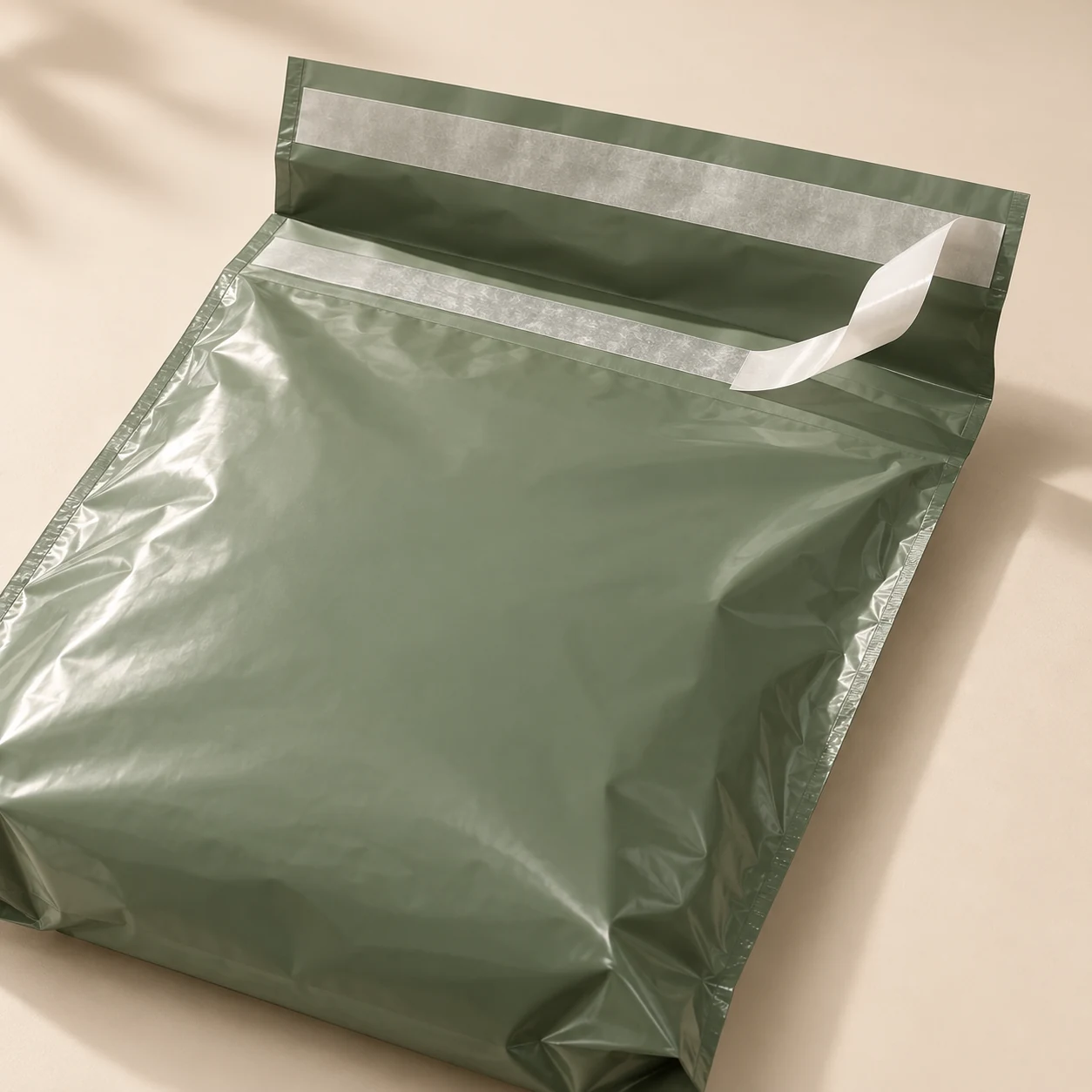 Close-up concept showing two return-ready adhesive strips on a poly mailer.