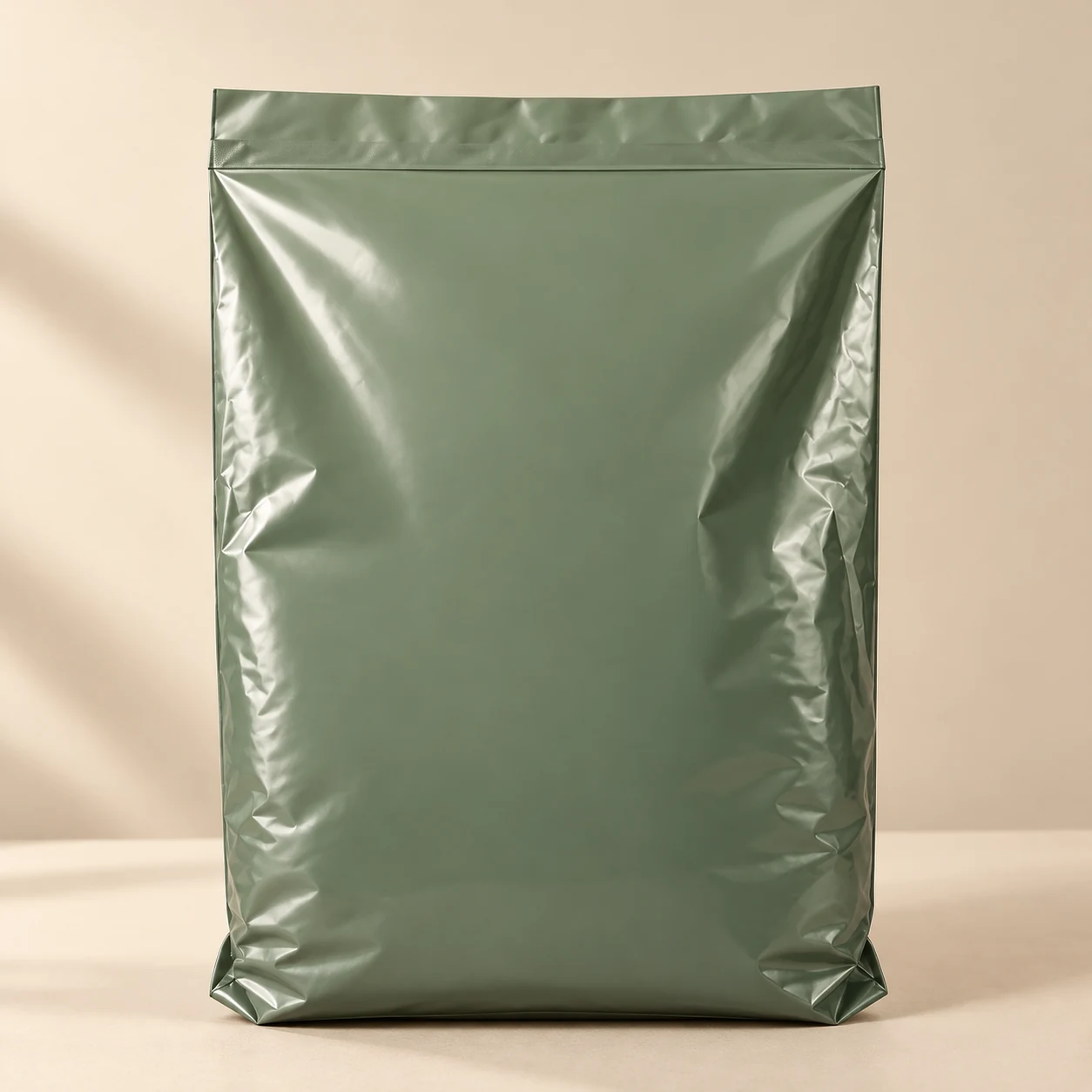 Close-up concept of a poly mailer in a muted custom brand color.