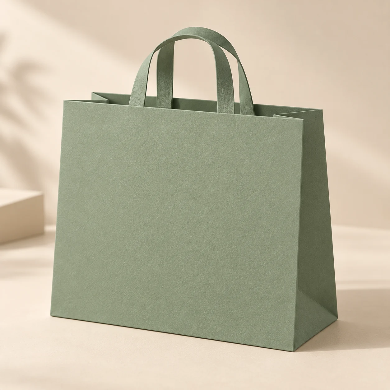 Close-up concept of a shopping paper bag in a muted custom brand color.